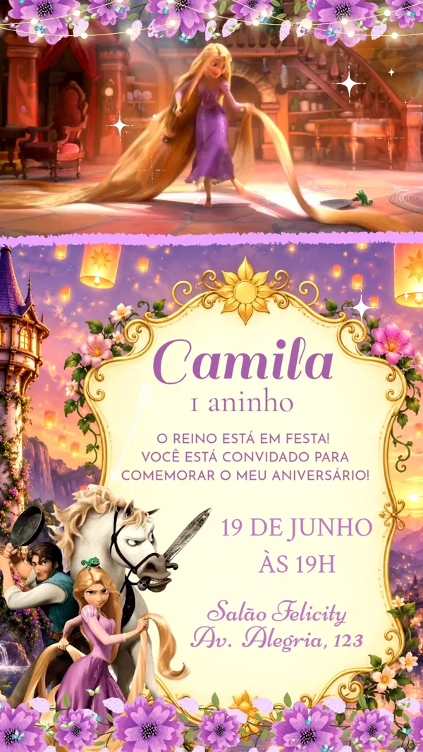 Convite Animado Aniversário Rapunzel Lanternas Para Editar Online