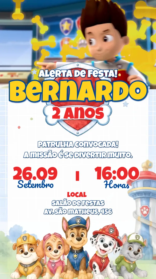 Convite Animado Aniversário Patrulha Canina Aquarela Para Editar Online