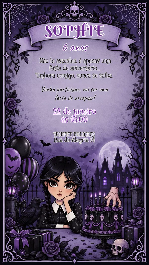 Convite Aniversário Wandinha Roxo Gótico Para Editar Online