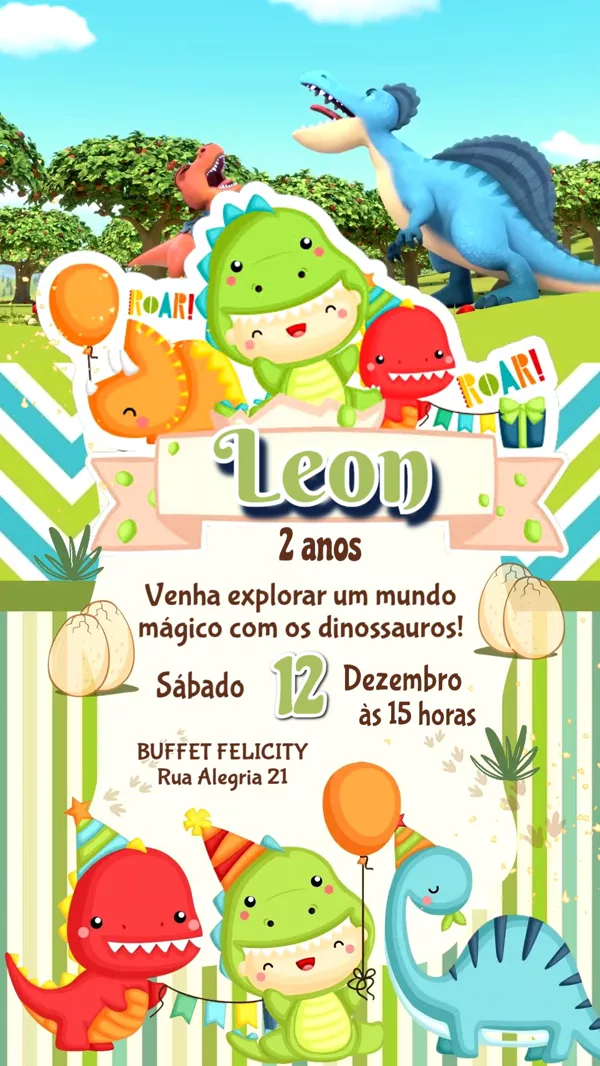 Convite Animado Aniversário Dinossauro Baby Verde Para Editar Online
