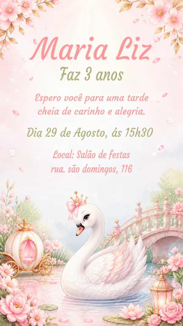 Convite Aniversário Cisne Encantado Para Editar Online