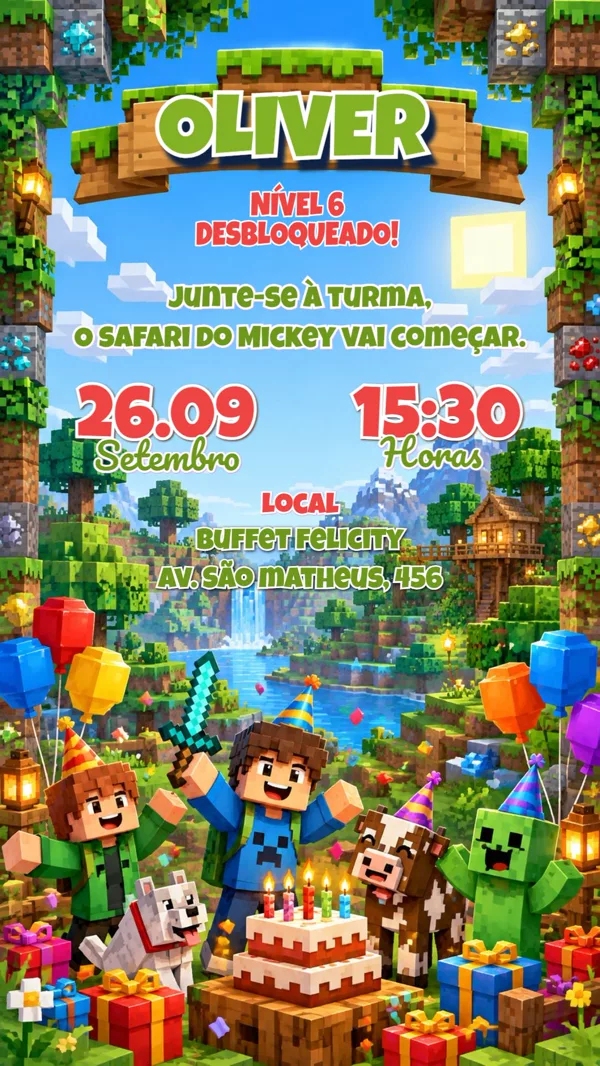 Convite Aniversário Minecraft Party Para Editar Online