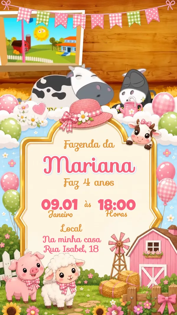Convite Animado Aniversário Fazendinha Menina Para Editar Online