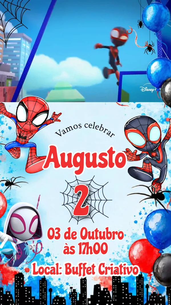 Convite Animado Aniversário Spidey e Amigos Para Editar Online
