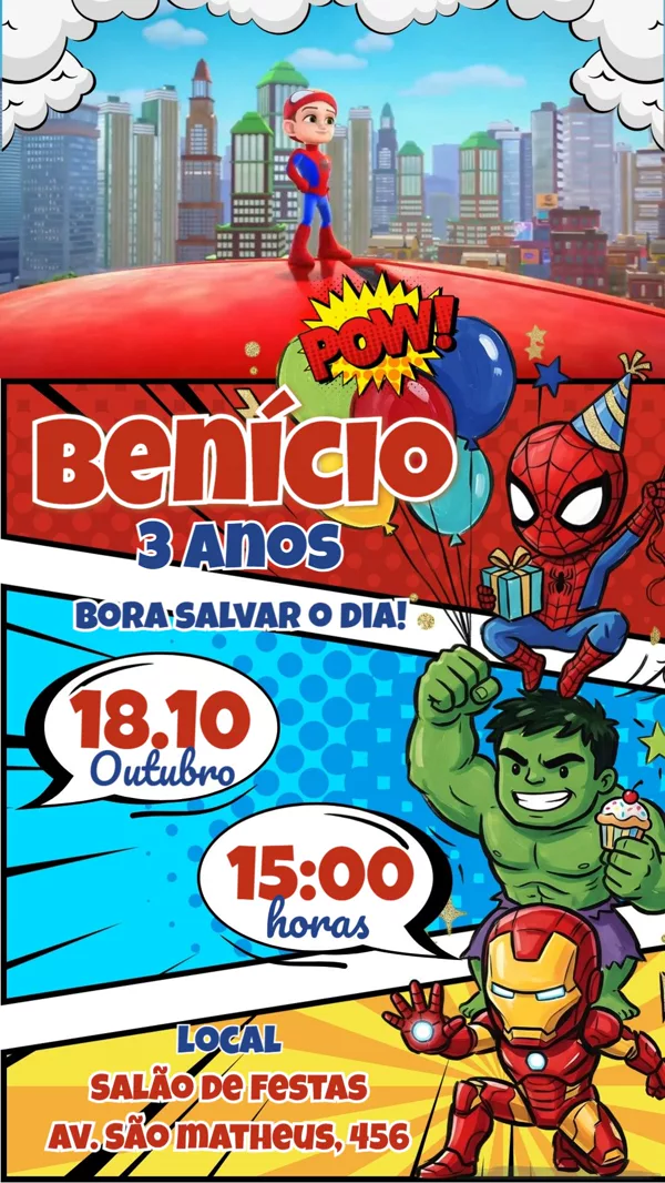 Convite Animado Aniversário Super-Herói Para Editar Online