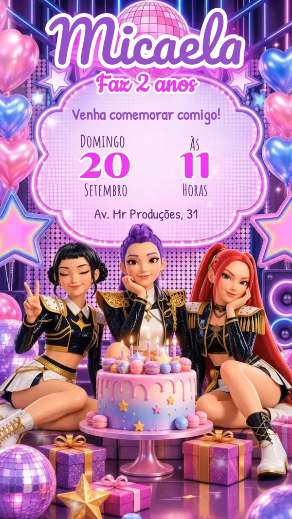Convite Animado Aniversário Guerreiras KPop Para Editar Online