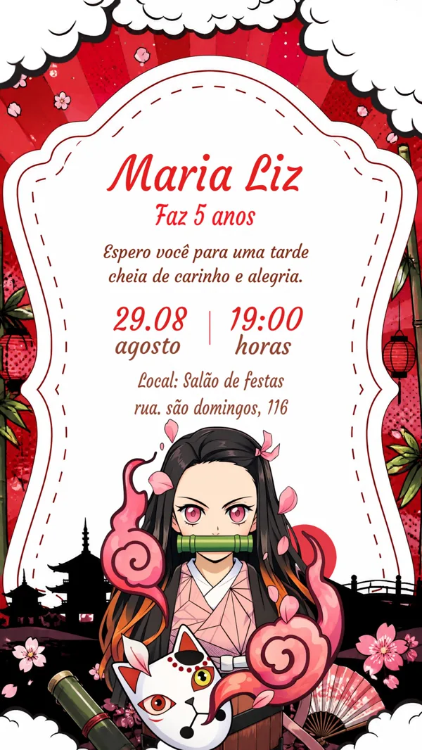 Convite Aniversário Demon Slayer Rosa Para Editar Online