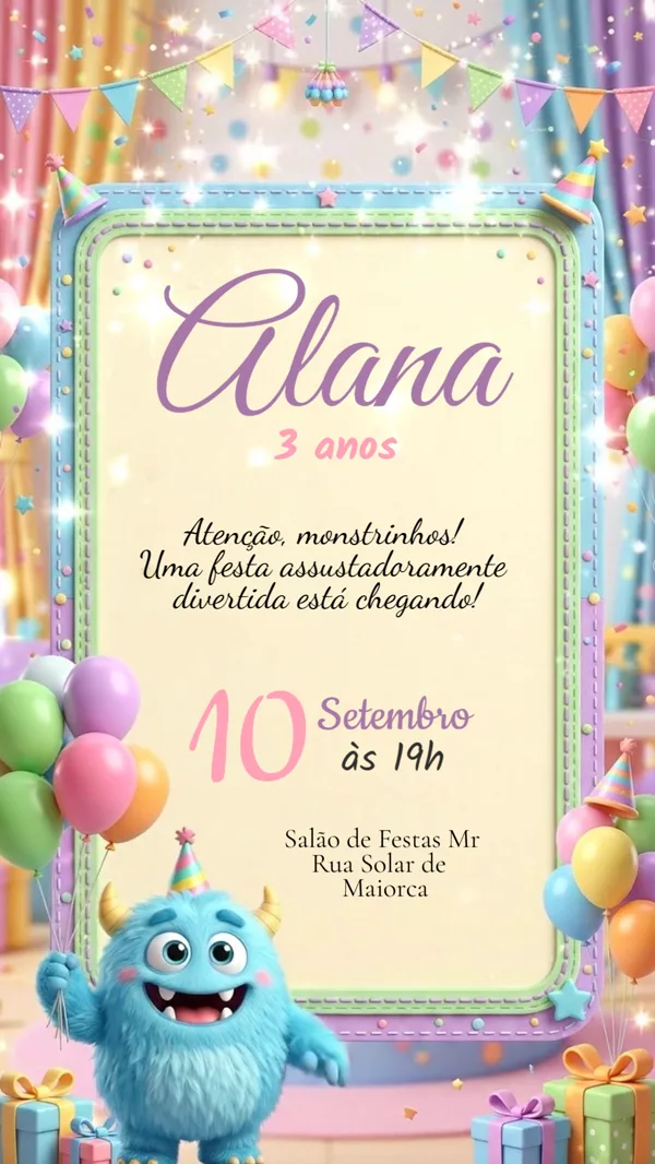 Convite Animado Aniversário Monstrinho Azul Para Editar Online