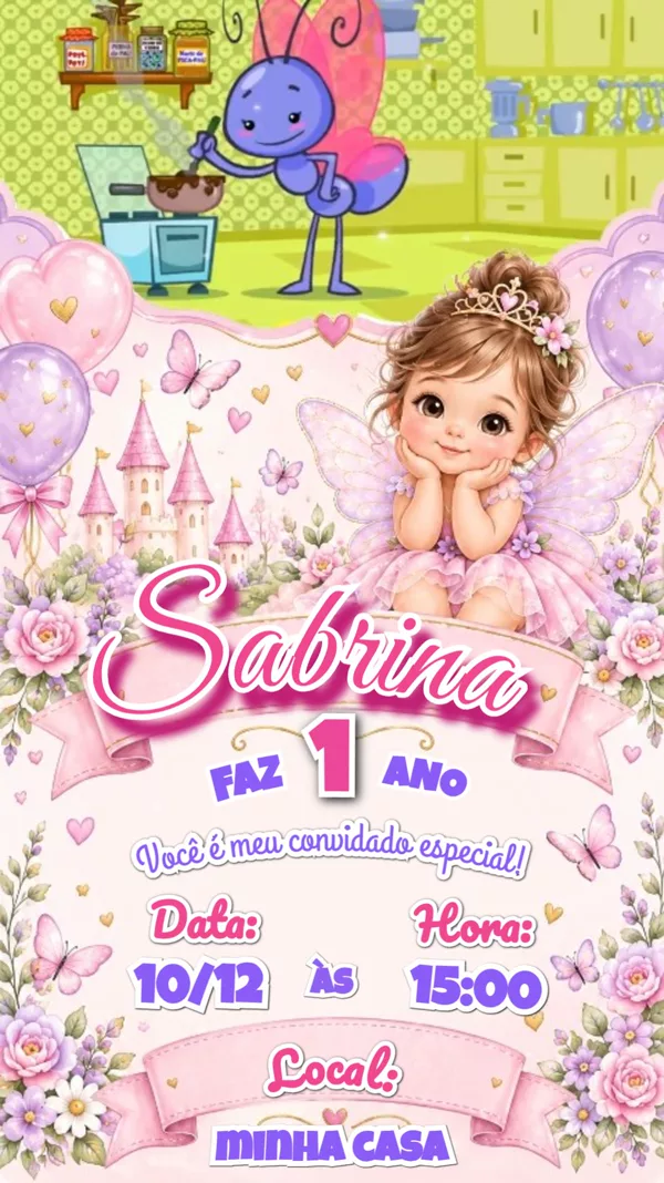 Convite Animado Aniversário Jardim das Fadas Para Editar Online