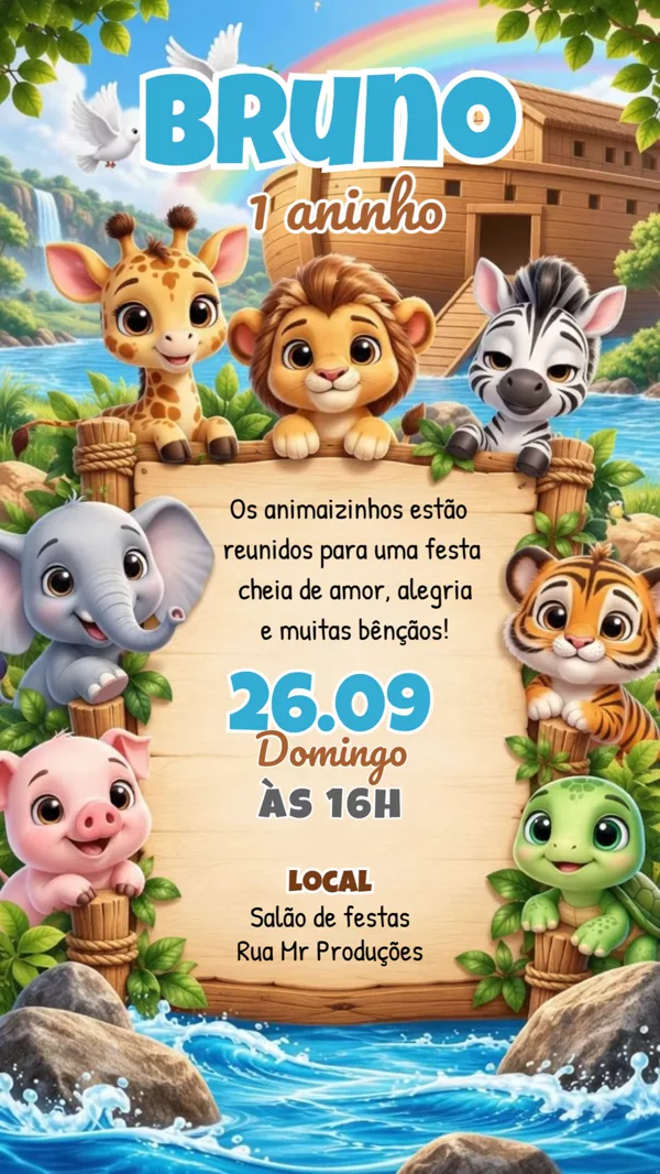 Convite Animado Aniversário Arca de Safari Para Editar Online