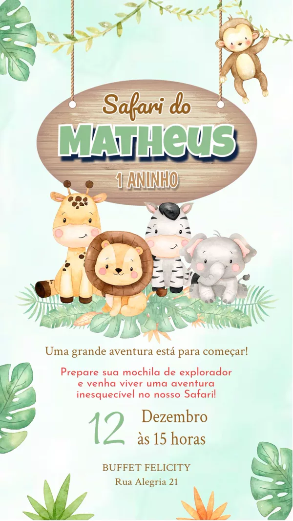 Convite Aniversário Safari Animais Floresta Para Editar Online