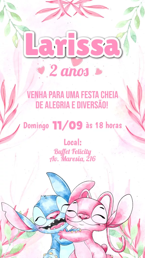 Convite Animado Aniversário Stitch e Angel Para Editar Online