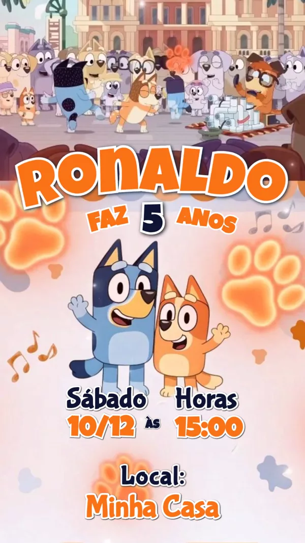 Convite Animado Aniversário Bluey Laranja Para Editar Online