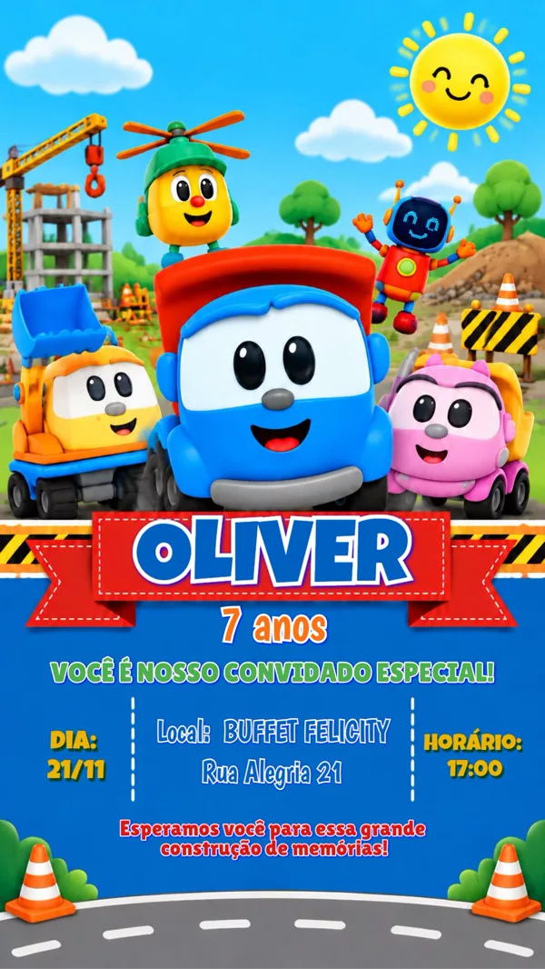 Convite Aniversário Léo Caminhão Construção Para Editar Online