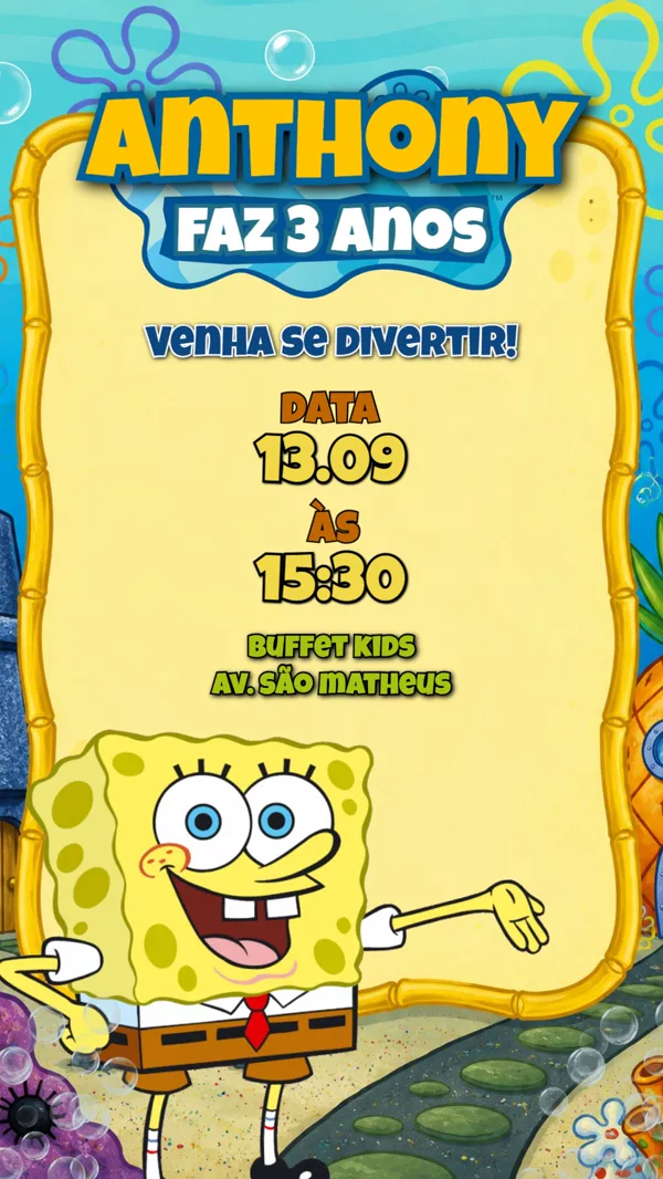 Convite Aniversário Bob Esponja Fundo Mar Para Editar Online