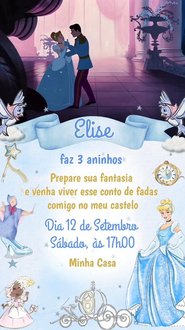 Convite Animado Aniversário Cinderela Castelo Para Editar Online