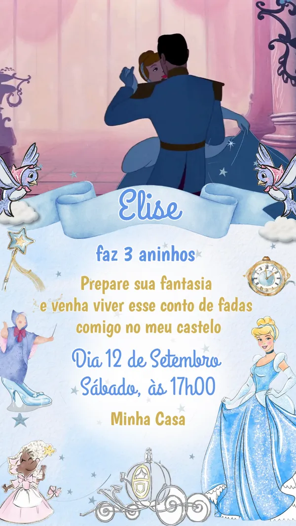 Convite Animado Aniversário Cinderela Castelo Para Editar Online