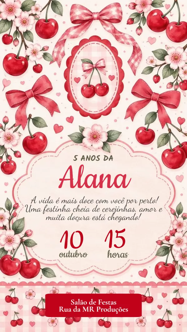 Convite Animado Aniversário Cerejinha Floral Rosa Para Editar Online