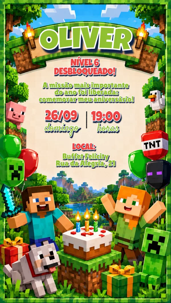 Convite Aniversário Minecraft Floresta Para Editar Online