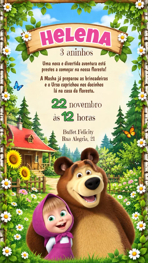 Convite Aniversário Masha e o Urso Floresta Para Editar Online