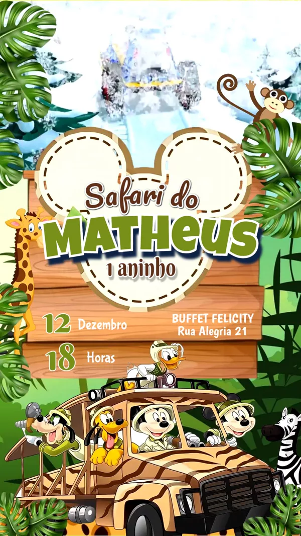 Convite Animado Aniversário Safari Mickey Jipe Para Editar Online