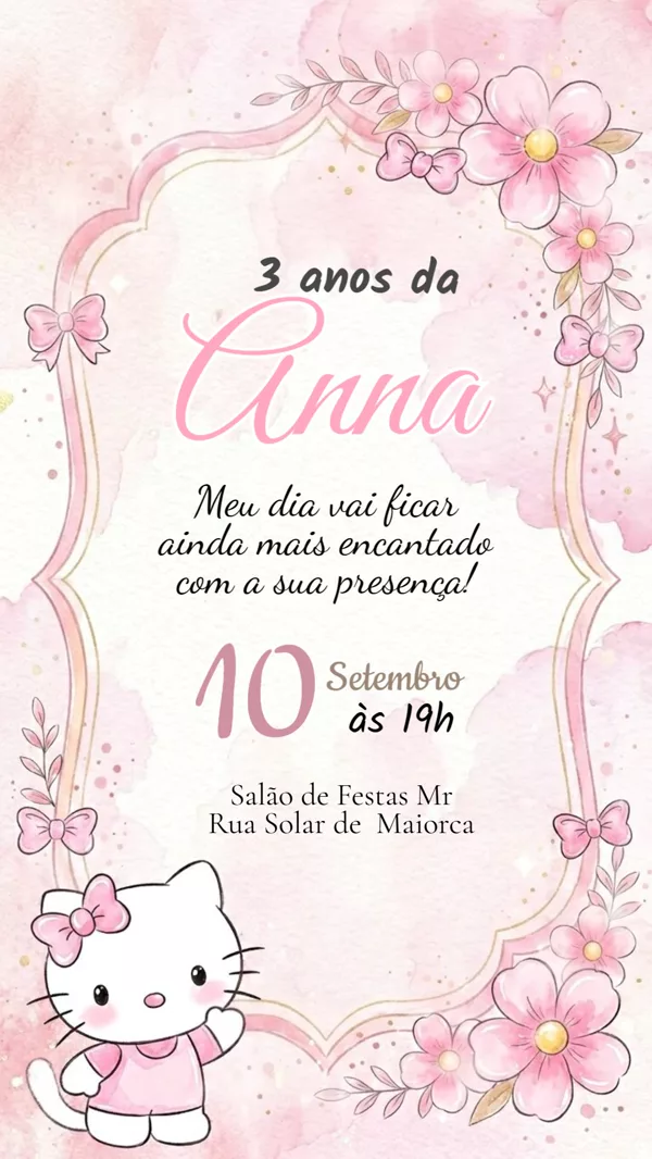 Convite Animado Aniversário Hello Kitty Aquarela Para Editar Online