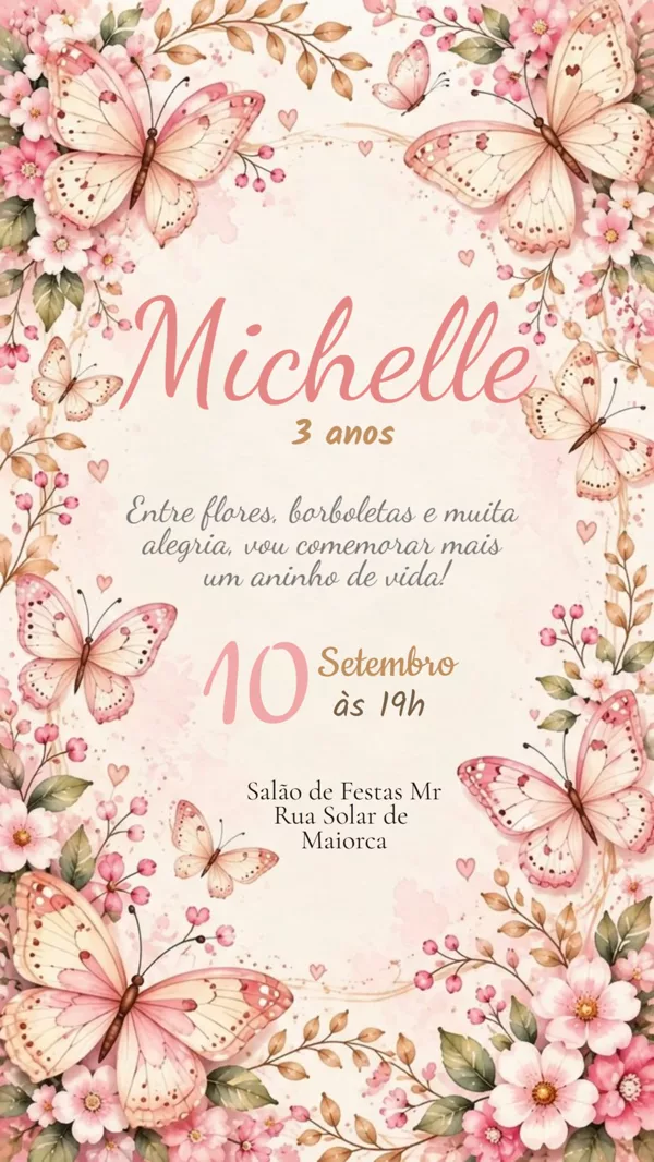 Convite Animado Aniversário Borboletas Rosa Floral Para Editar Online
