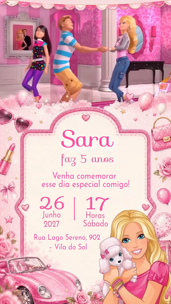 Convite Animado Aniversário Barbie Rosa Para Editar Online