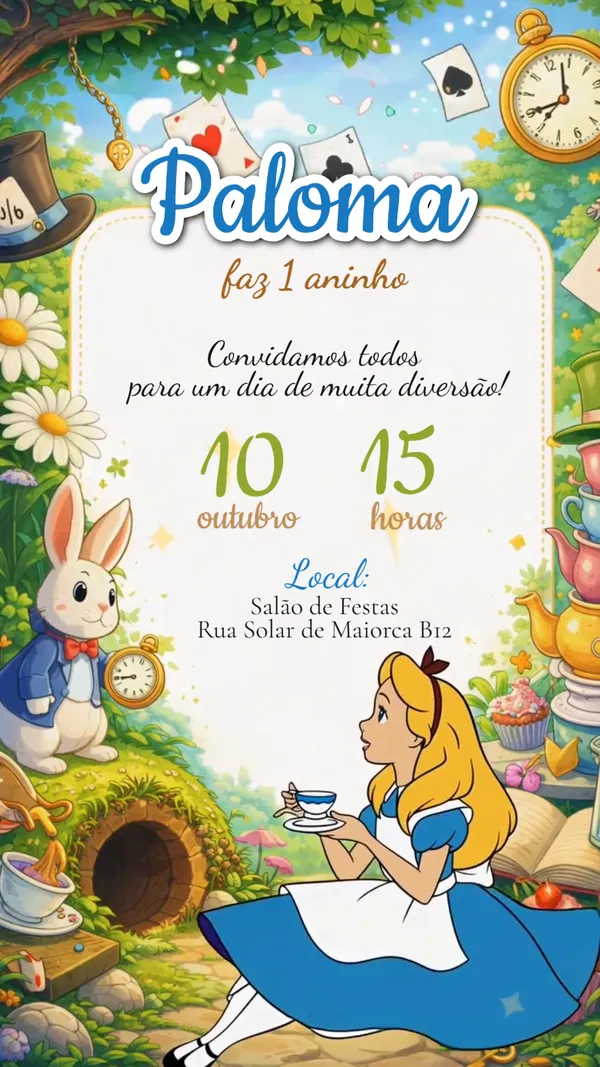 Convite Animado Aniversário Alice Chá Jardim Para Editar Online
