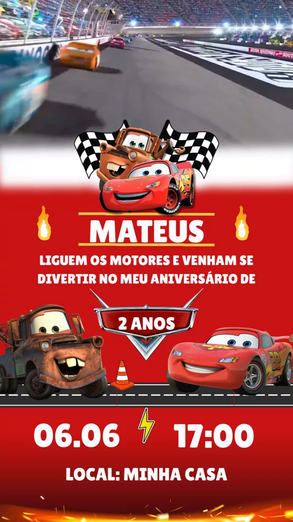 Convite Animado Aniversário Carros McQueen Para Editar Online