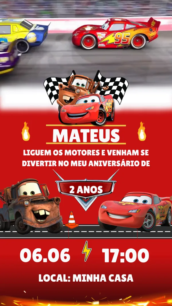 Convite Animado Aniversário Carros McQueen Para Editar Online