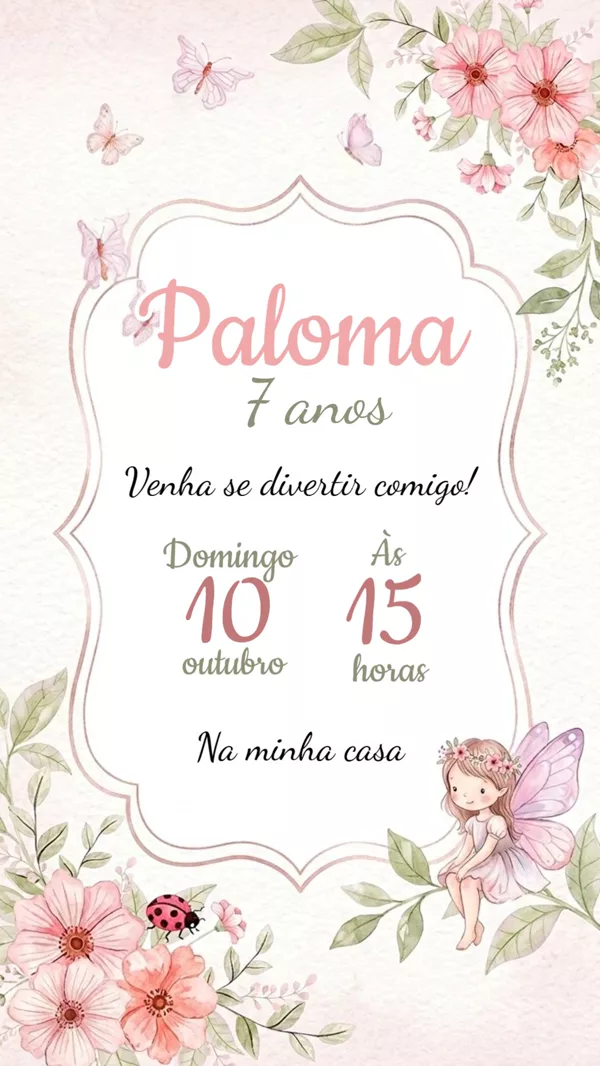 Convite Animado Aniversário Fada Rosa Floral Para Editar Online
