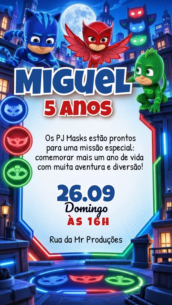 Convite Animado Aniversário PJ Masks Noturno Para Editar Online
