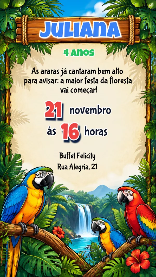 Convite Aniversário Araras Selva Tropical Para Editar Online