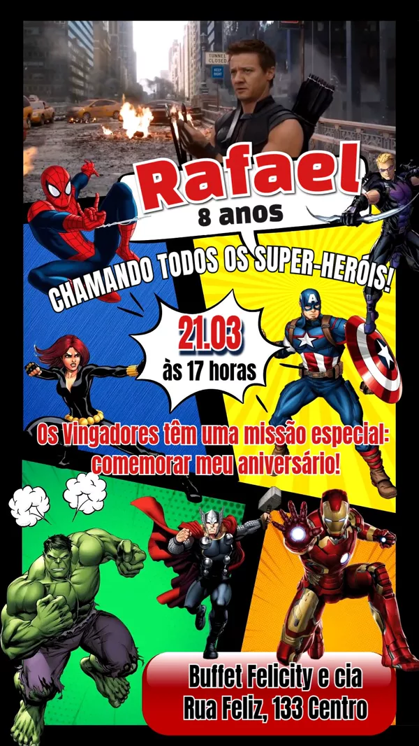 Convite Animado Aniversário Vingadores Quadrinhos Para Editar Online