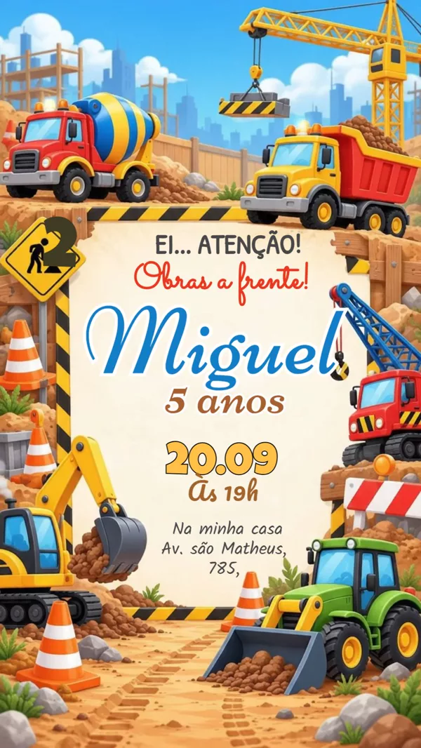 Convite Animado Aniversário Caminhões Construção Para Editar Online