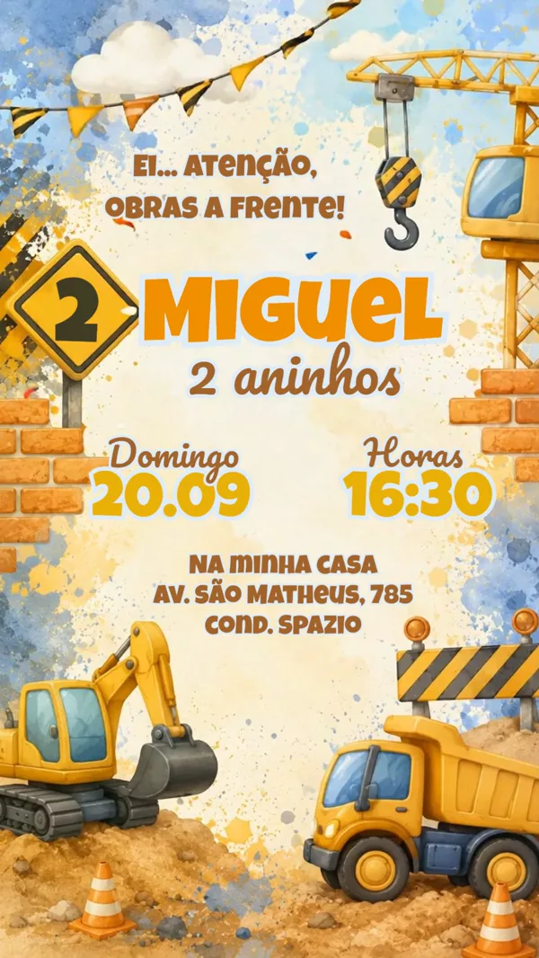 Convite Animado Aniversário Construção Para Editar Online