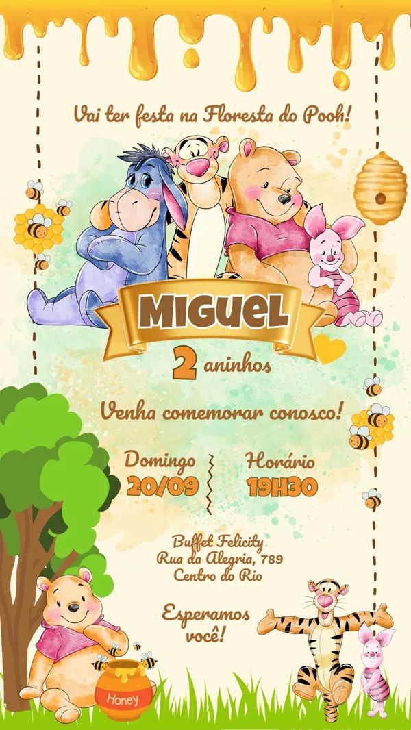 Convite Aniversário Ursinho Pooh Mel Para Editar Online