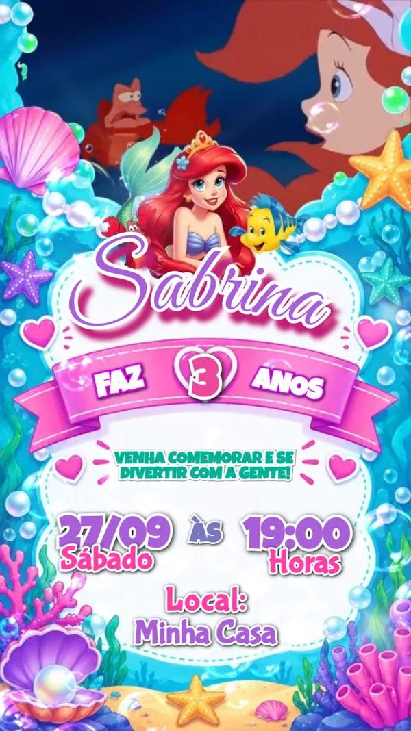 Convite Animado Aniversário Pequena Sereia Ariel Para Editar Online