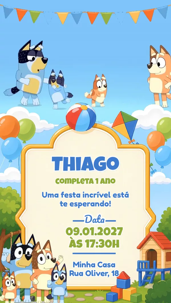 Convite Animado Aniversário Bluey Festa Jardim Para Editar Online