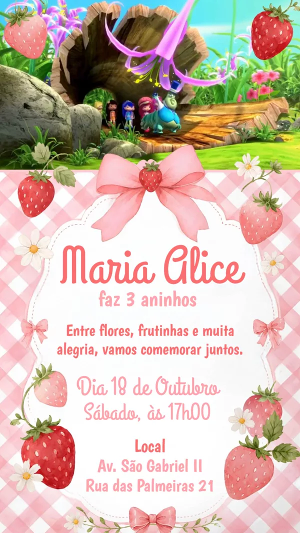 Convite Animado Aniversário Moranguinho Para Editar Online