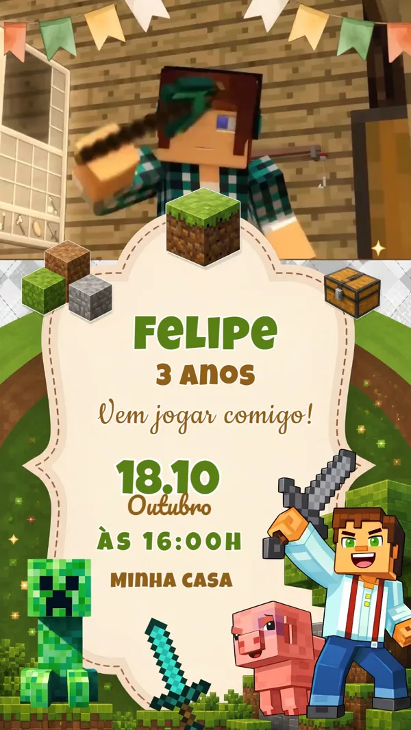 Convite Animado Aniversário Minecraft Steve Para Editar Online