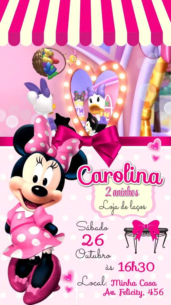 Convite Animado Aniversário Minnie Loja de Laços Para Editar Online