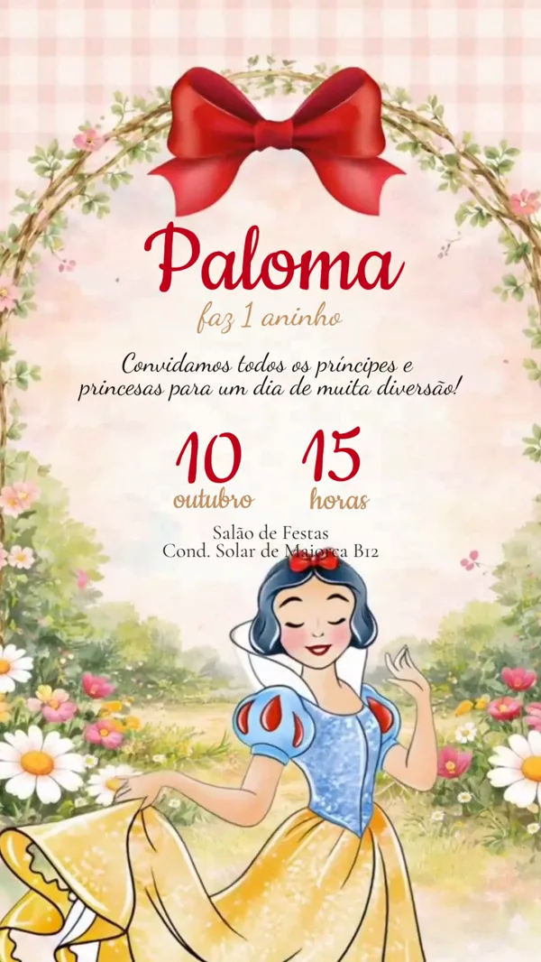 Convite Animado Aniversário Branca de Neve Laço Para Editar Online