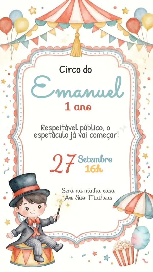 Convite Animado Aniversário Circo Vintage Aquarela Para Editar Online