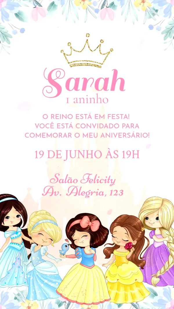 Convite Animado Aniversário Princesas Cute Para Editar Online