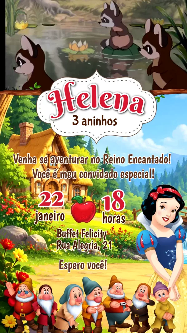 Convite Animado Aniversário Branca de Neve Maça Para Editar Online