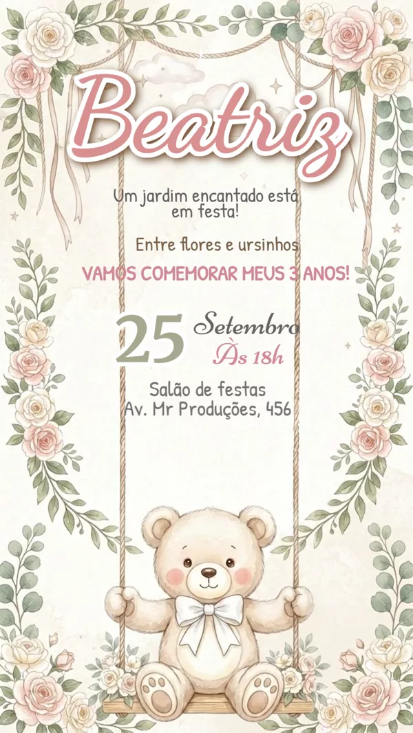 Convite Animado Aniversário Ursinho Jardim Floral Para Editar Online