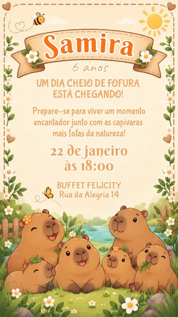 Convite Aniversário Capivaras Fofas Para Editar Online