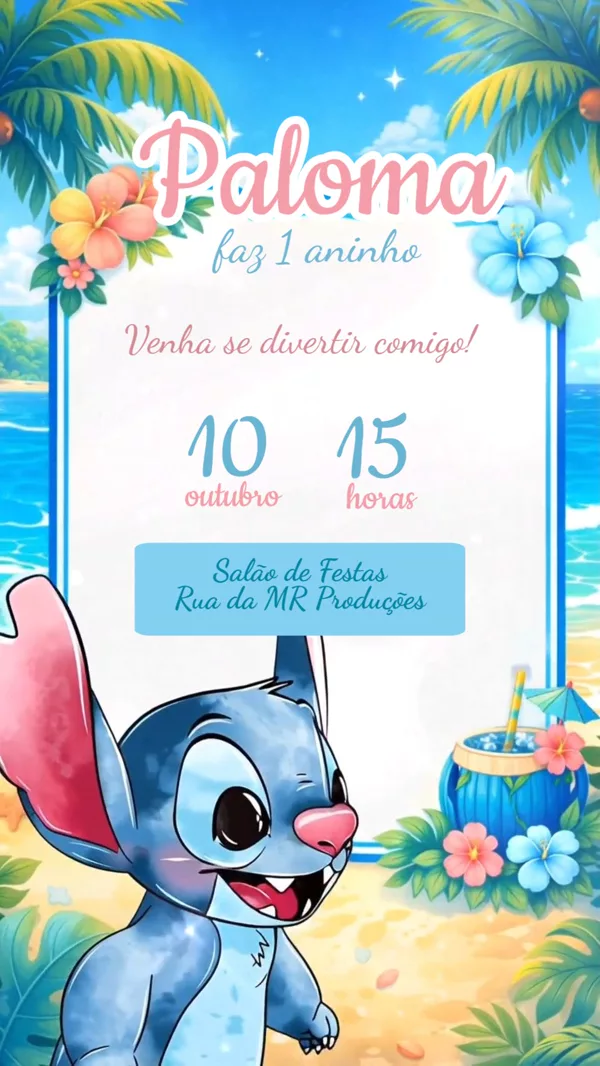Convite Animado Aniversário Stitch Praia Para Editar Online